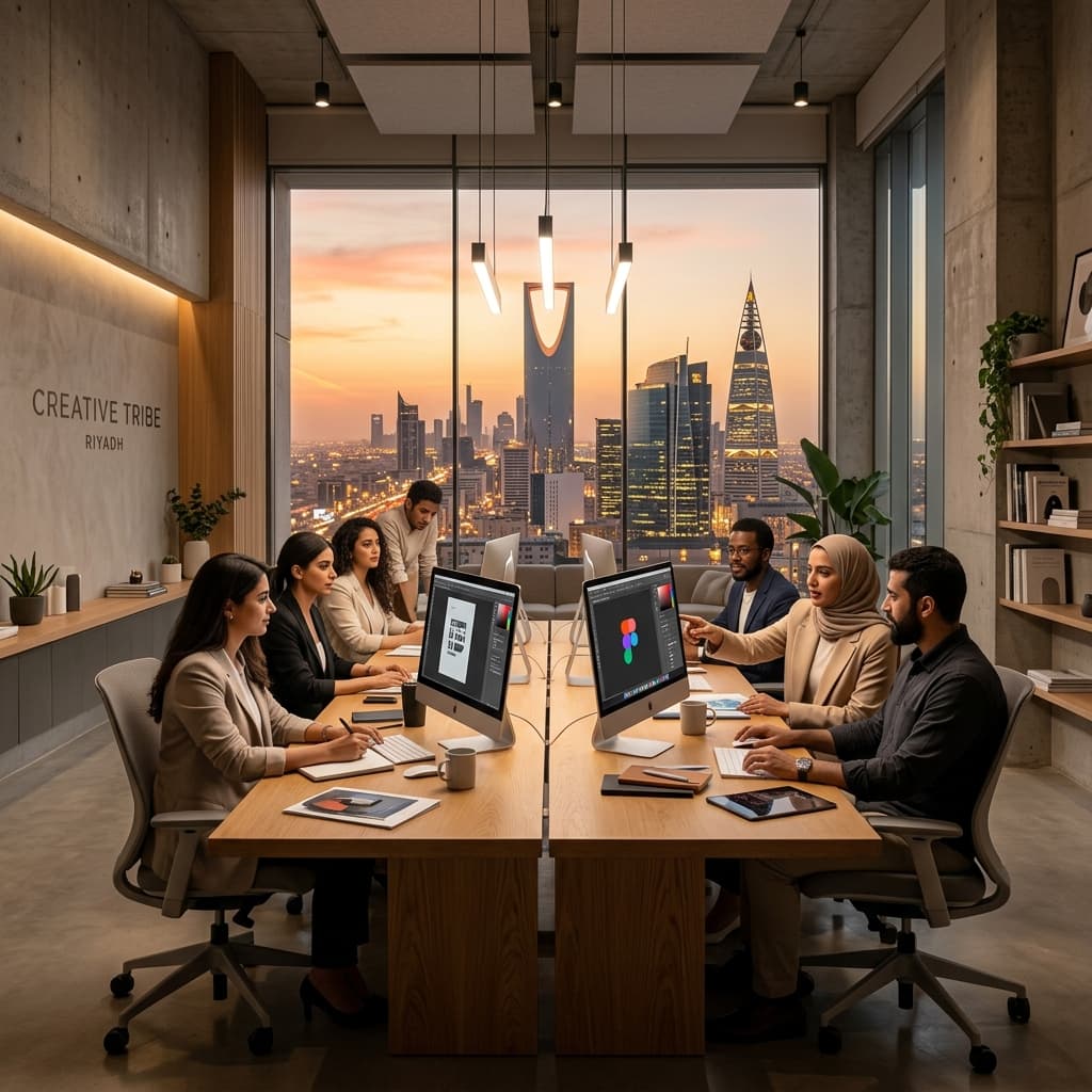 High-end creative agency studio in Riyadh with team collaborating